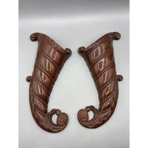 Vintage Syroco Wood Cornucopia Wall Pockets Pair Brown Resin Decor